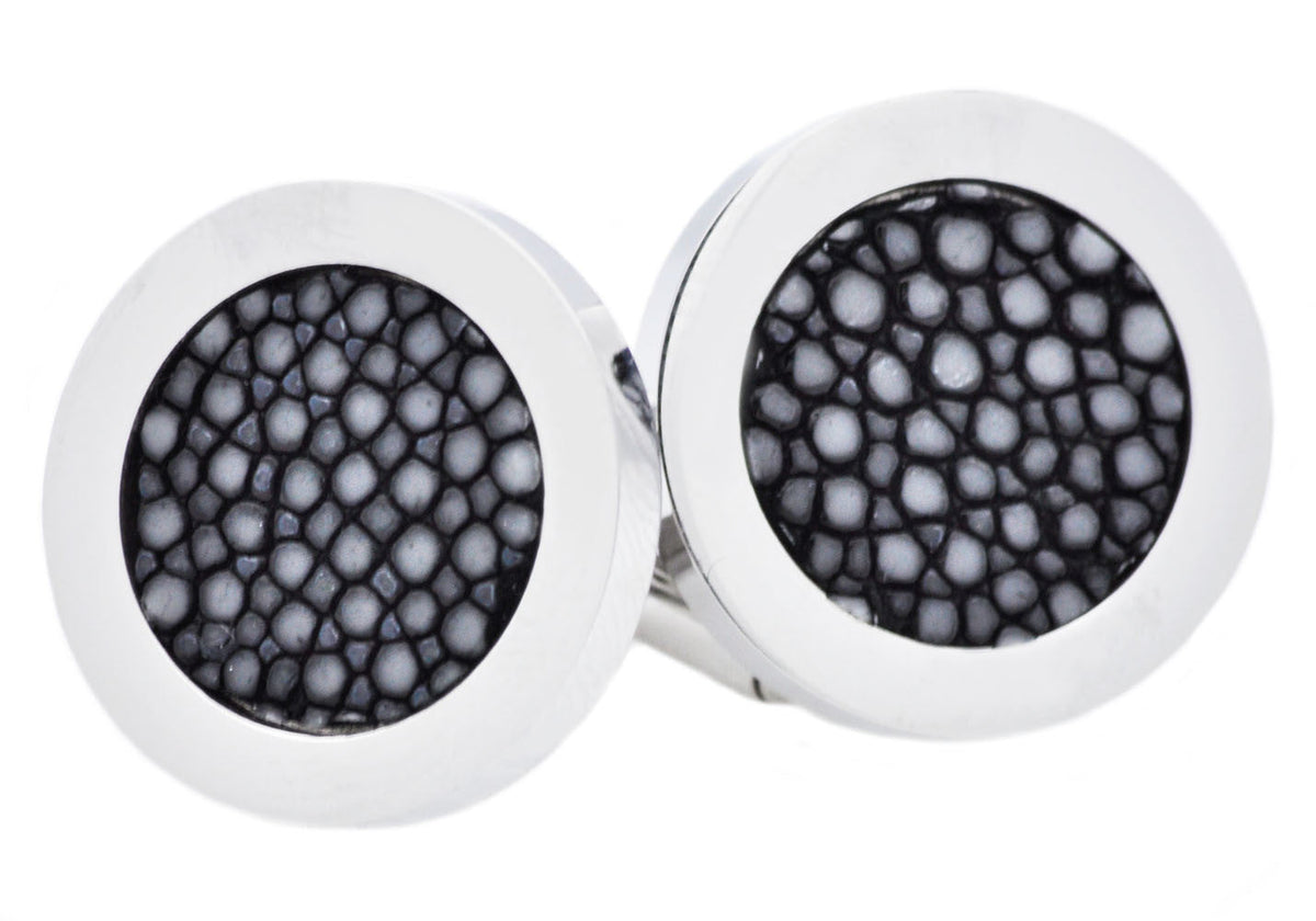 Mens Black Stingray Leather Stainless Steel Cuff Links
