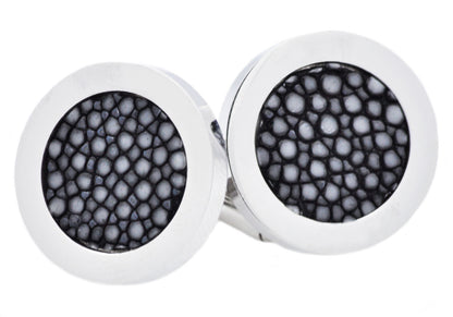 Mens Black Stingray Leather Stainless Steel Cuff Links