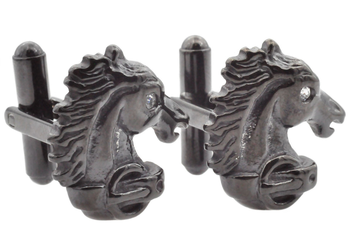 Mens Black Stainless Steel Horse Cuff Links With Black Cubic Zirconia