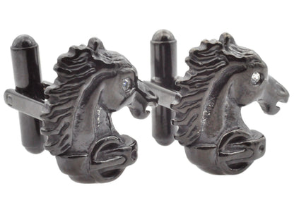 Mens Black Stainless Steel Horse Cuff Links With Black Cubic Zirconia
