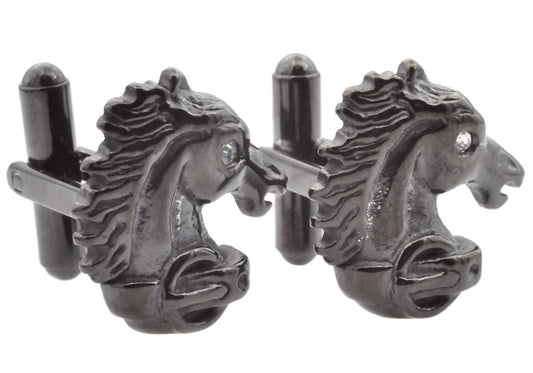 Mens Black Stainless Steel Horse Cuff Links With Black Cubic Zirconia
