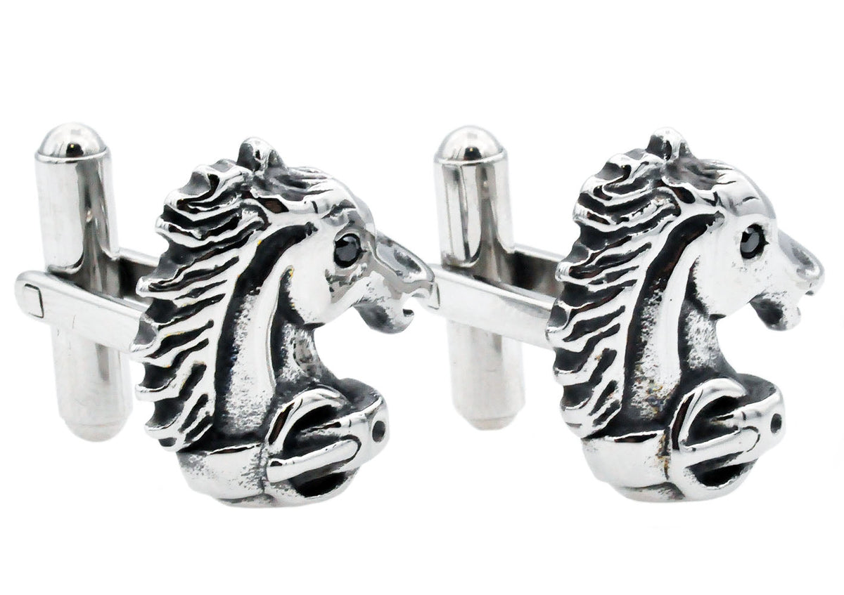 Mens Stainless Steel Horse Cuff Links With Black Cubic Zirconia