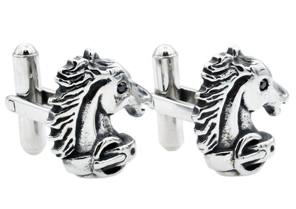 Mens Stainless Steel Horse Cuff Links With Black Cubic Zirconia
