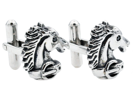 Mens Stainless Steel Horse Cuff Links With Black Cubic Zirconia