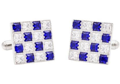 Mens Two Tone White and Blue Checkered Stainless Steel Cuff Links With Cubic Zirconia