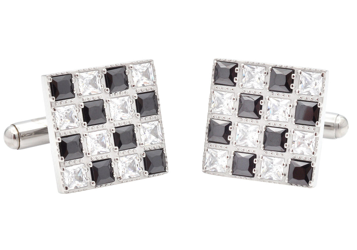Mens Two Tone White and Black Checkered Stainless Steel Cuff Links With Cubic Zirconia