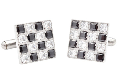 Mens Two Tone White and Black Checkered Stainless Steel Cuff Links With Cubic Zirconia