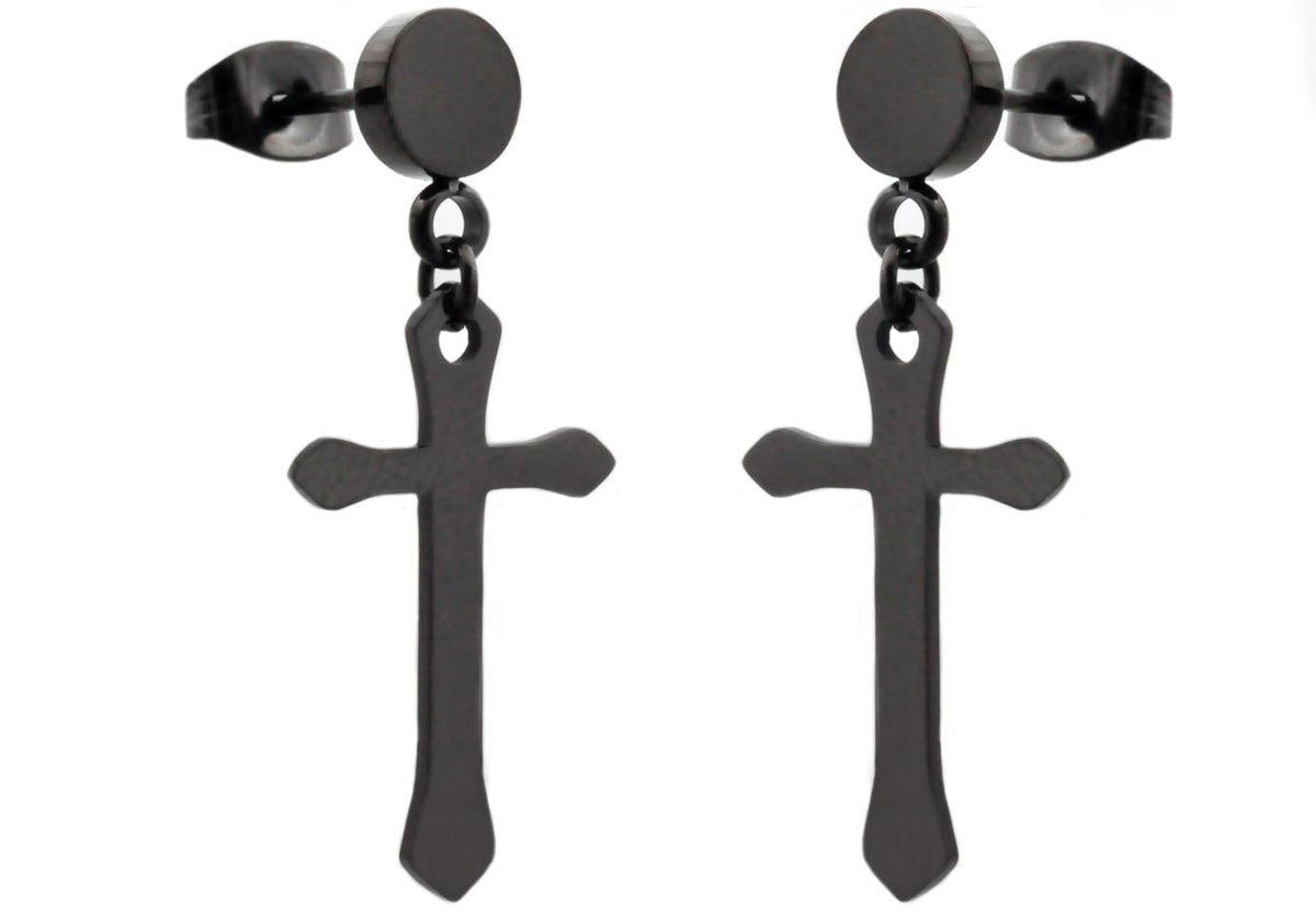 Mens Black Stainless Steel Cross Earrings