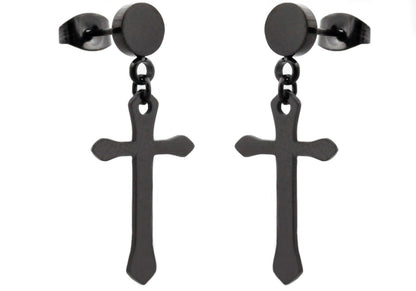 Mens Black Stainless Steel Cross Earrings