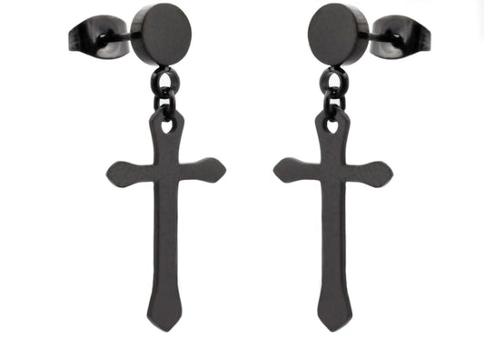 Mens Black Stainless Steel Cross Earrings