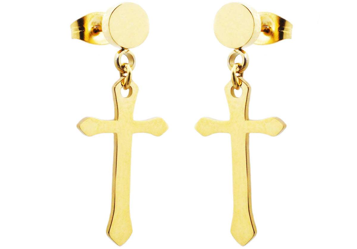 Mens Gold Stainless Steel Cross Earrings