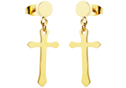 Mens Gold Stainless Steel Cross Earrings