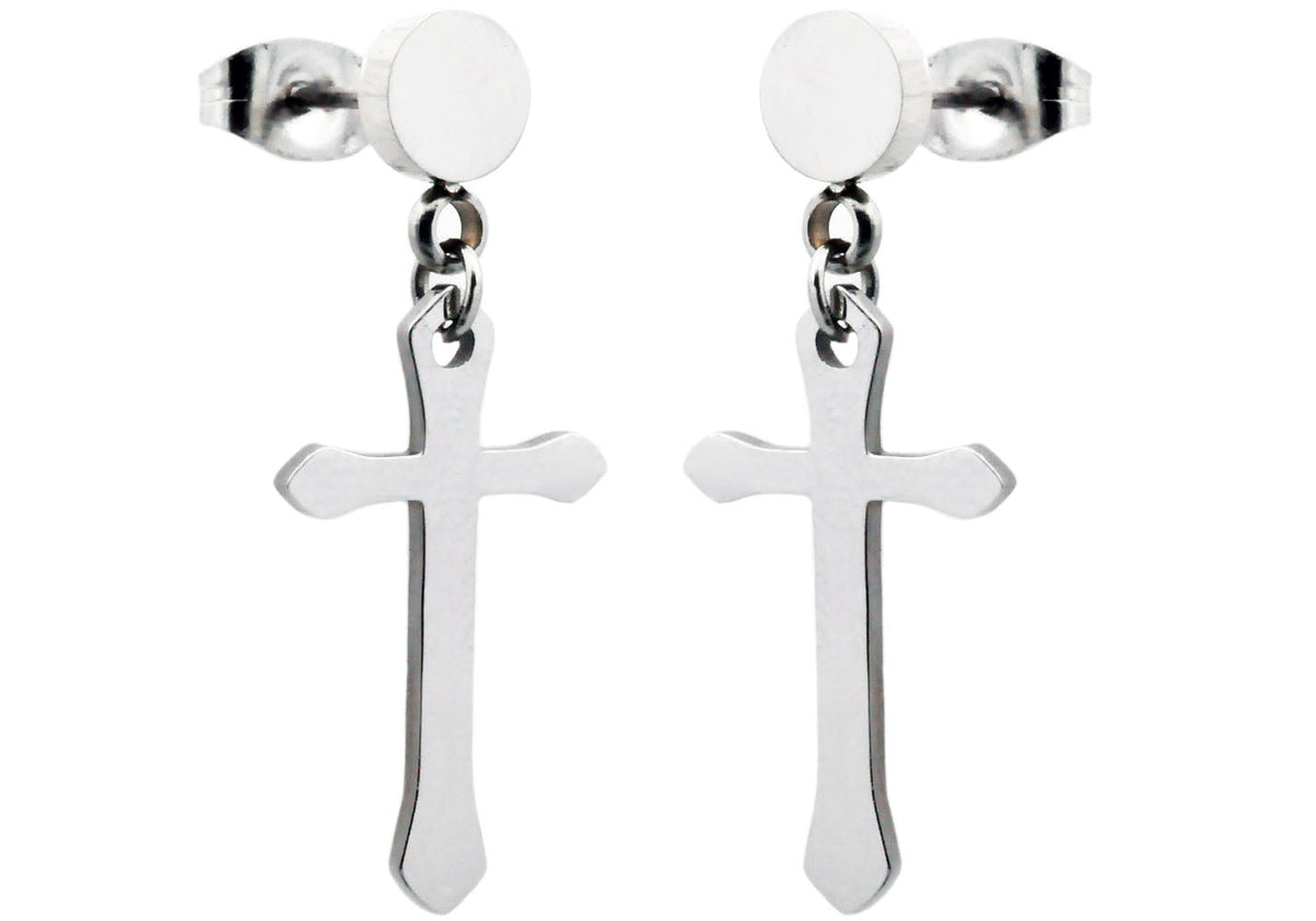 Mens Polished Stainless Steel Cross Earrings