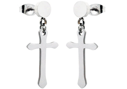 Mens Polished Stainless Steel Cross Earrings