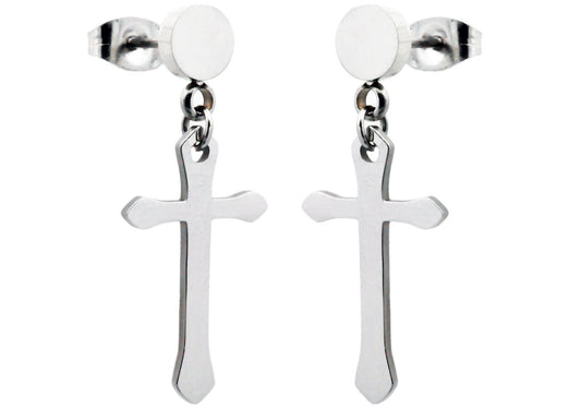 Mens Polished Stainless Steel Cross Earrings