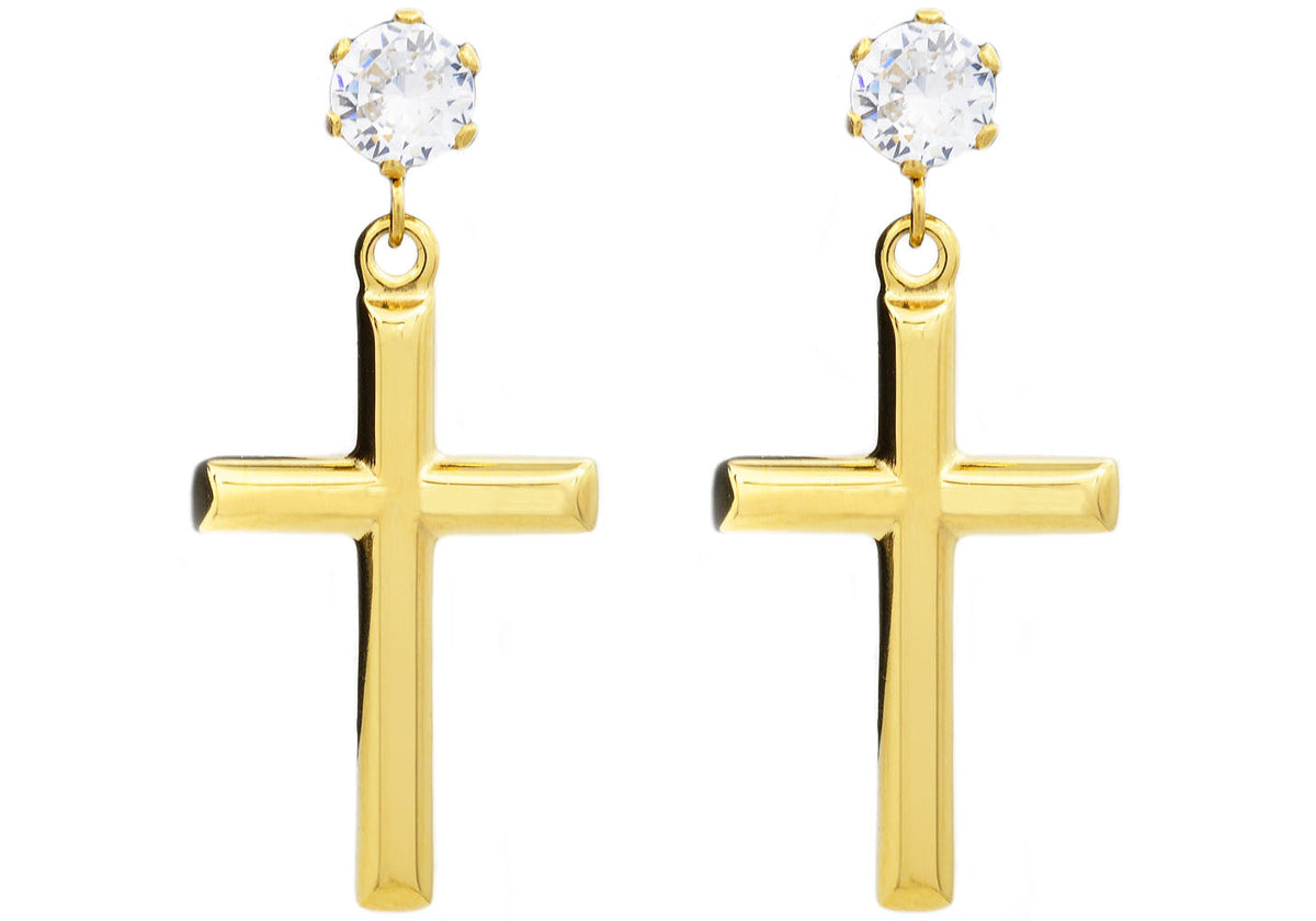 Mens Gold Stainless Steel Cross Earrings With Cubic Zirconia