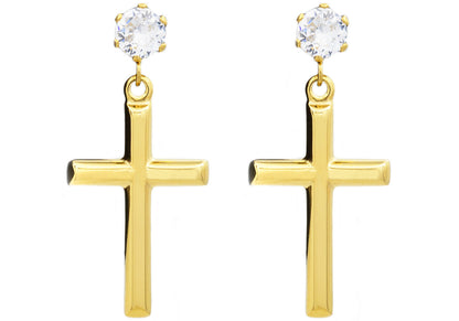 Mens Gold Stainless Steel Cross Earrings With Cubic Zirconia