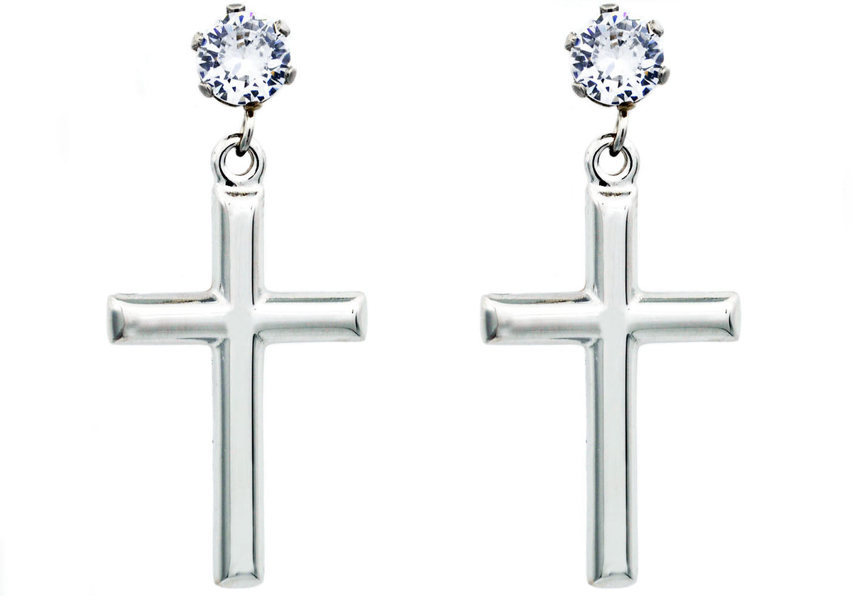 Mens Polished Stainless Steel Cross Earrings with Cubic Zirconia