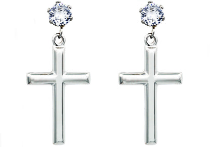 Mens Polished Stainless Steel Cross Earrings with Cubic Zirconia