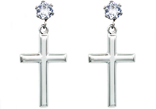 Mens Polished Stainless Steel Cross Earrings with Cubic Zirconia