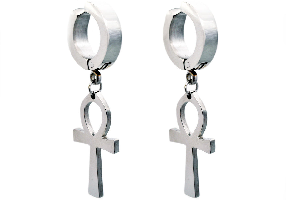 Mens Stainless Steel Clip On Ankh Cross Earrings