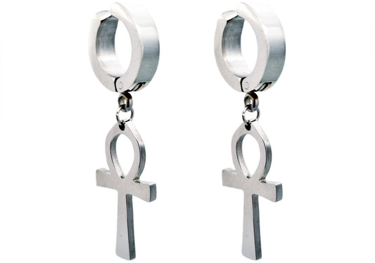 Mens Stainless Steel Clip On Ankh Cross Earrings