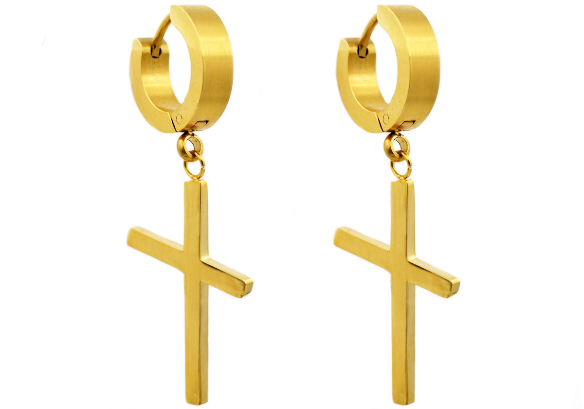 Mens Gold Stainless Steel Cross Hoop Earrings