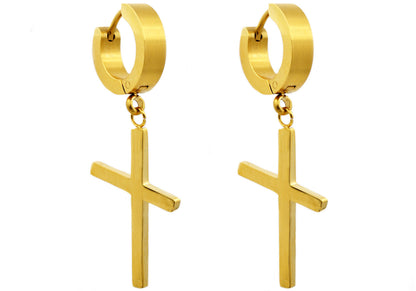 Mens Gold Stainless Steel Cross Hoop Earrings