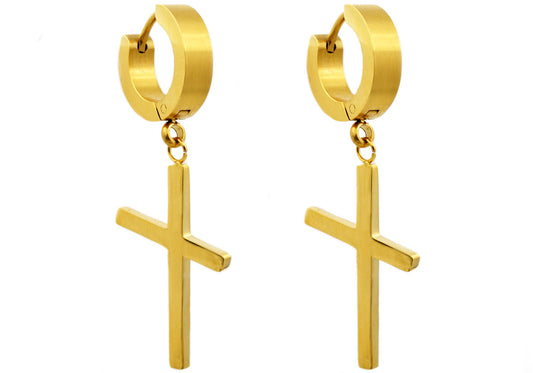 Mens Gold Stainless Steel Cross Hoop Earrings