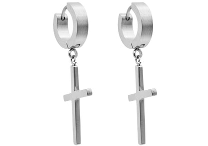 Mens Stainless Steel Cross Hoop Earrings