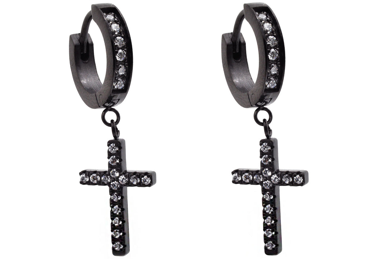 Mens Black Plated Stainless Steel Hoop Cross Earrings With Cubic Zirconia