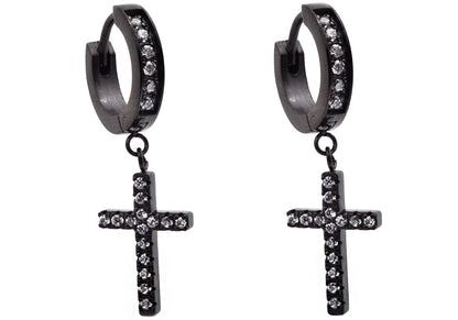 Mens Black Plated Stainless Steel Hoop Cross Earrings With Cubic Zirconia