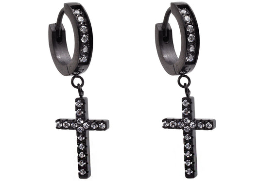 Mens Black Plated Stainless Steel Hoop Cross Earrings With Cubic Zirconia