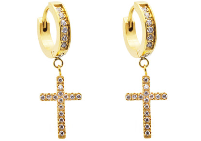 Mens Gold Plated Stainless Steel Hoop Cross Earrings With Cubic Zirconia