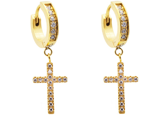 Mens Gold Plated Stainless Steel Hoop Cross Earrings With Cubic Zirconia