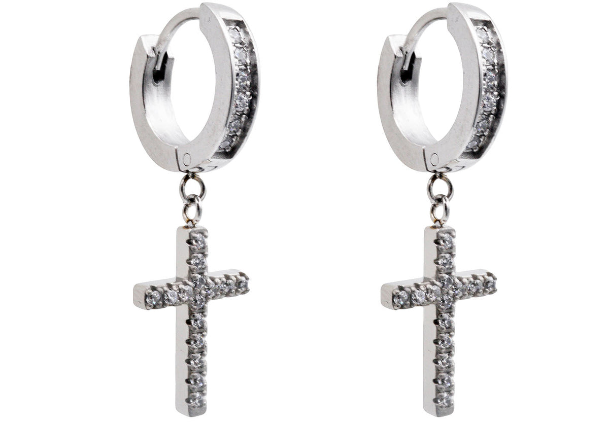 Mens Stainless Steel Hoop Cross Earrings With Cubic Zirconia