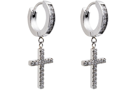 Mens Stainless Steel Hoop Cross Earrings With Cubic Zirconia