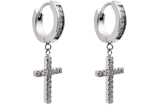 Mens Stainless Steel Hoop Cross Earrings With Cubic Zirconia