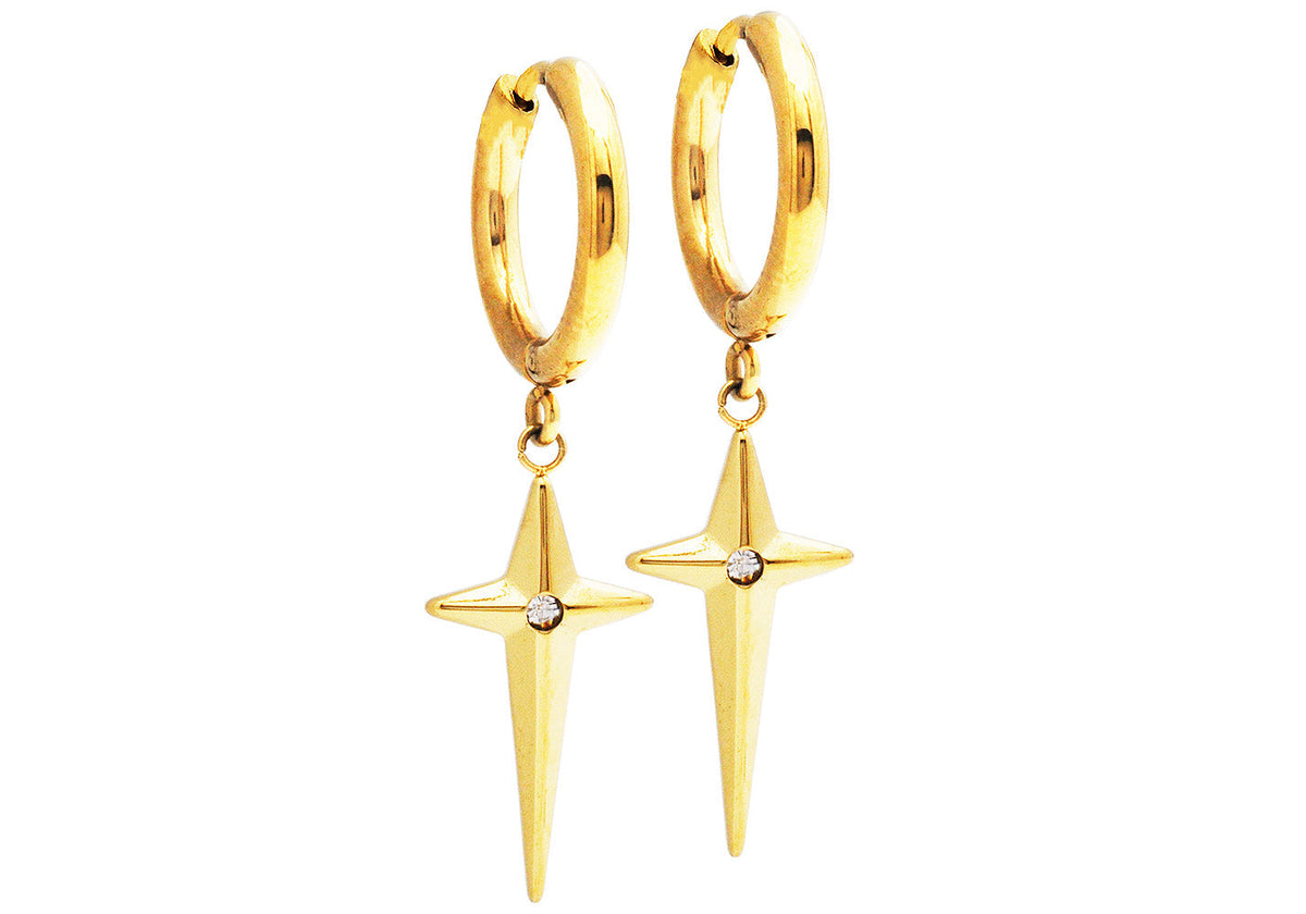 Mens Gold Plated Stainless Hoop Earrings With Hanging cross and a Cubic Zirconia