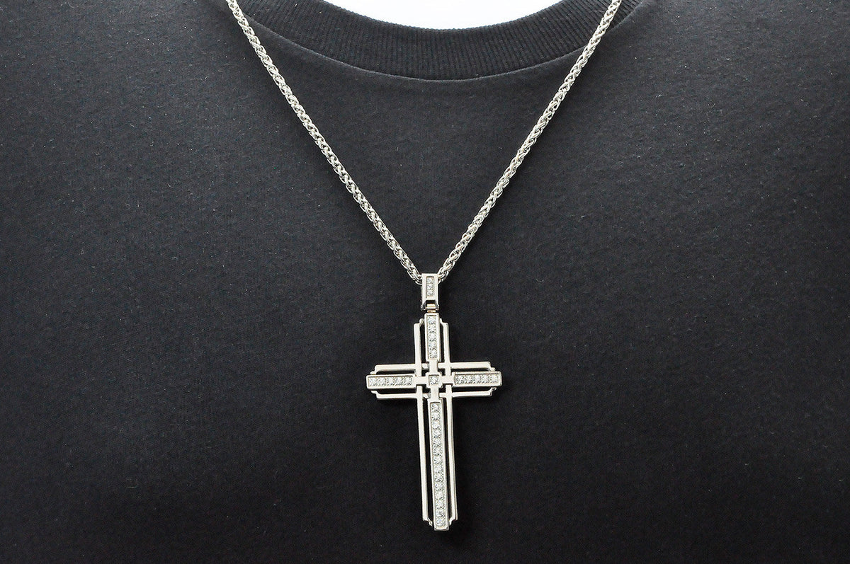 Mens Stainless Steel Cross Pendant With Cubic Zirconia