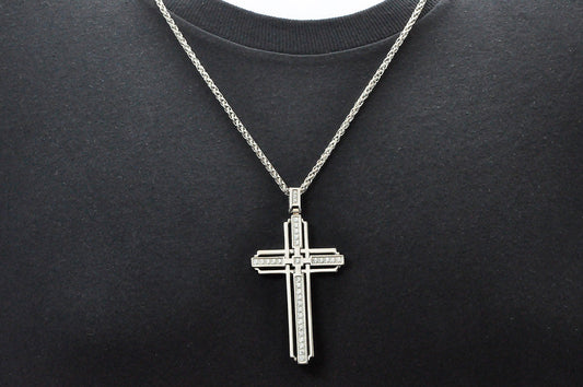 Mens Stainless Steel Cross Pendant With Cubic Zirconia