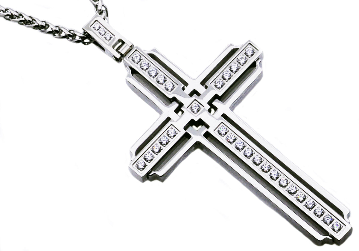 Mens Stainless Steel Cross Pendant With Cubic Zirconia