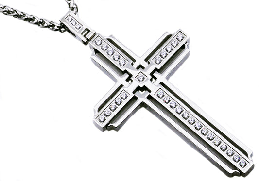 Mens Stainless Steel Cross Pendant With Cubic Zirconia