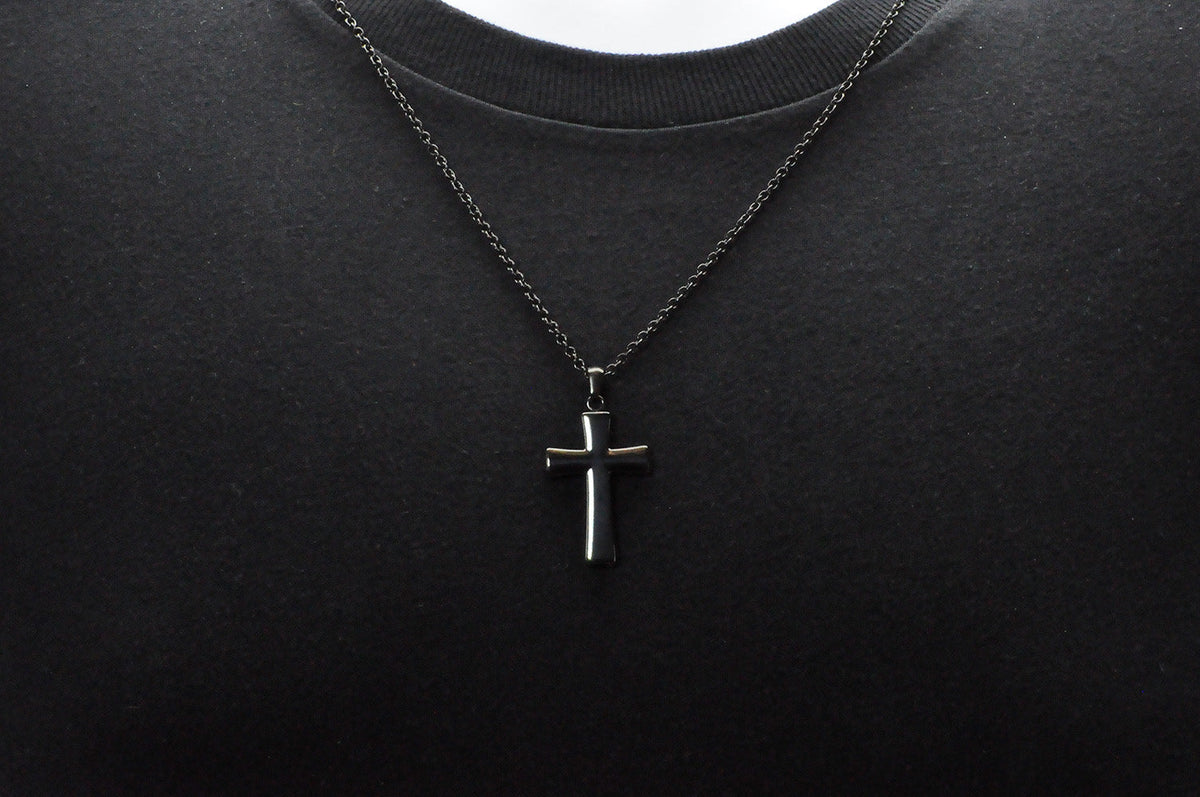 Mens Black Stainless Steel Cross Pendant Necklace