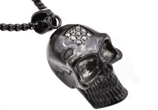 Mens Black Stainless Steel Skull Pendant With Black Cubic Zirconia