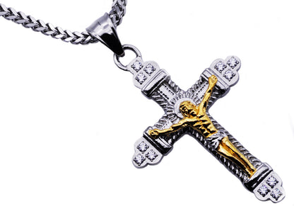 Mens Two Tone Gold Stainless Steel Cross Pendant With 24" Franco Chain
