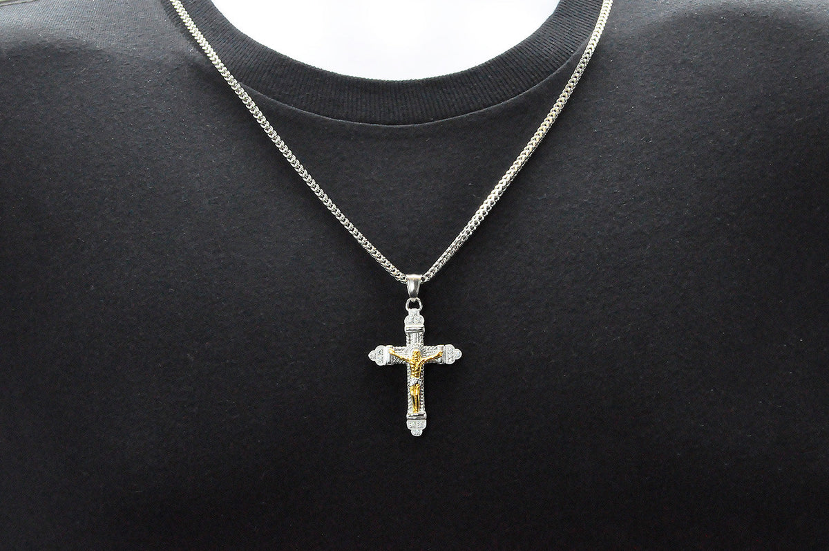 Mens Two Tone Gold Stainless Steel Cross Pendant With 24" Franco Chain