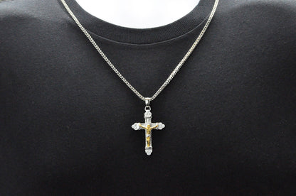 Mens Two Tone Gold Stainless Steel Cross Pendant With 24" Franco Chain