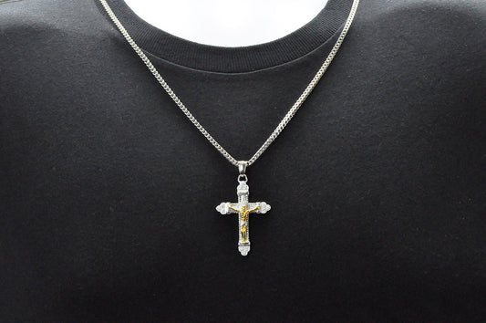 Mens Two Tone Gold Stainless Steel Cross Pendant With 24" Franco Chain