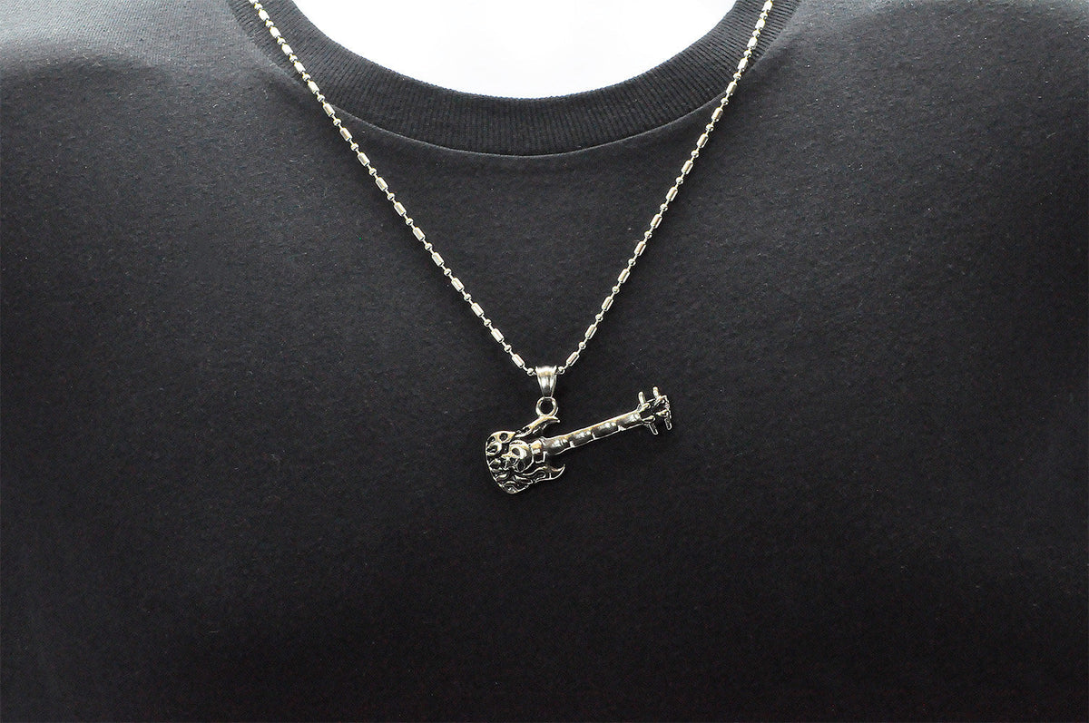 Mens Stainless Steel Skull Guitar Pendant Necklace With Cubic Zirconia